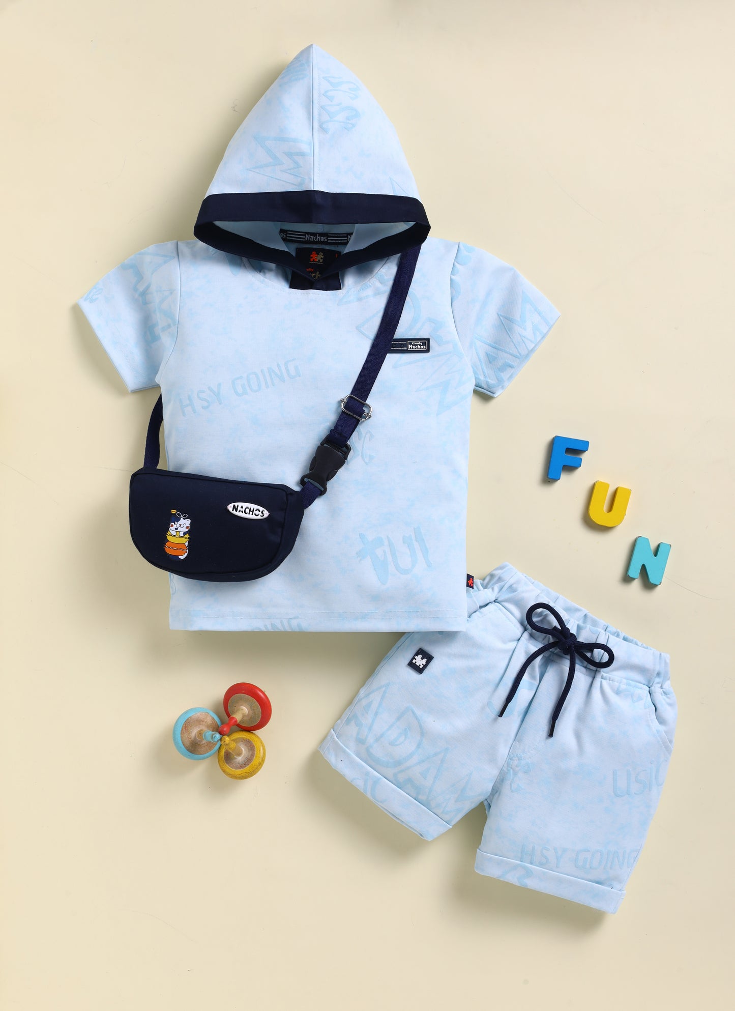 Blue Half Top Hoodie And Pant Set