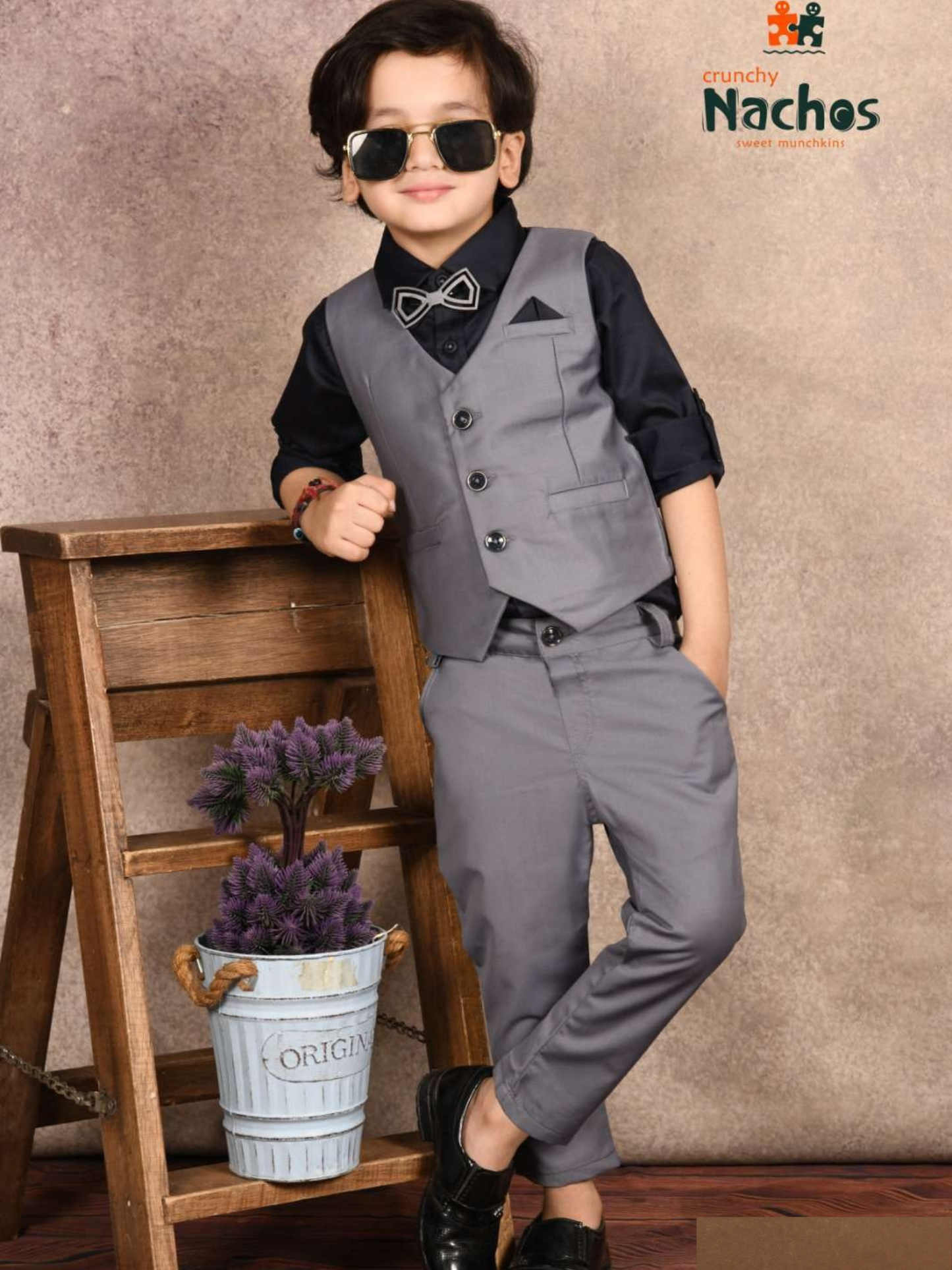 Patterned Party Wear Waist Coat With Full Shirt & Pant Set