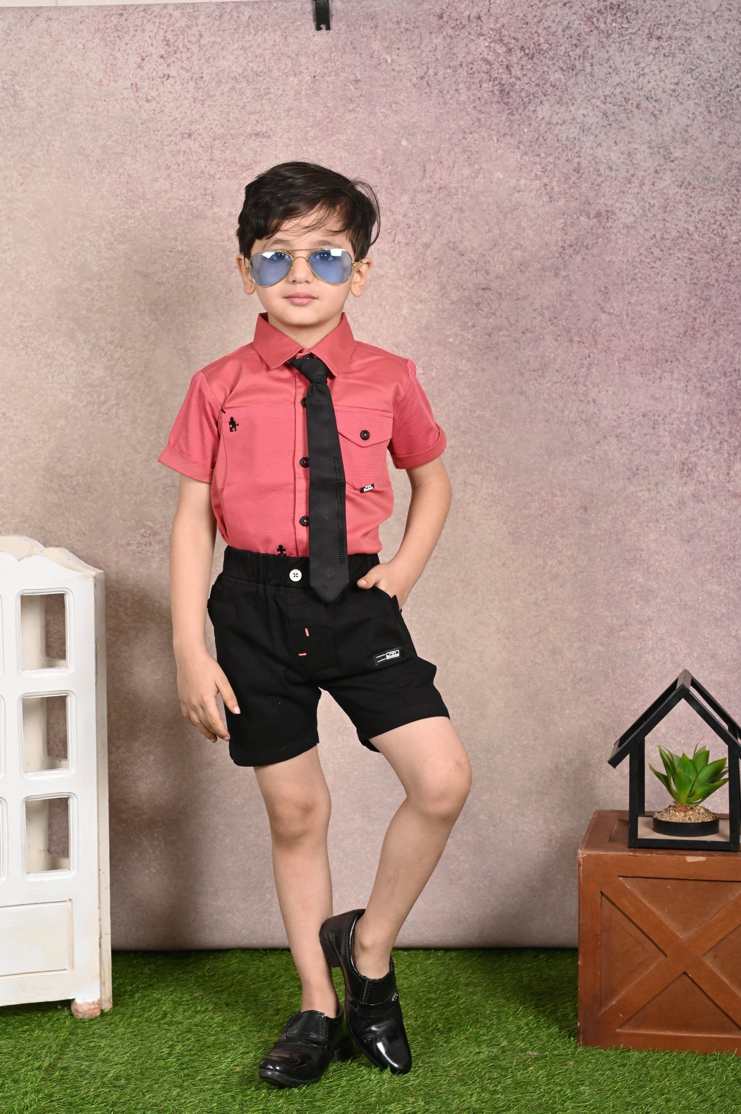 Shirt With Tie, Pocket & Embroidery Mix & Match Shirts & Pant Set