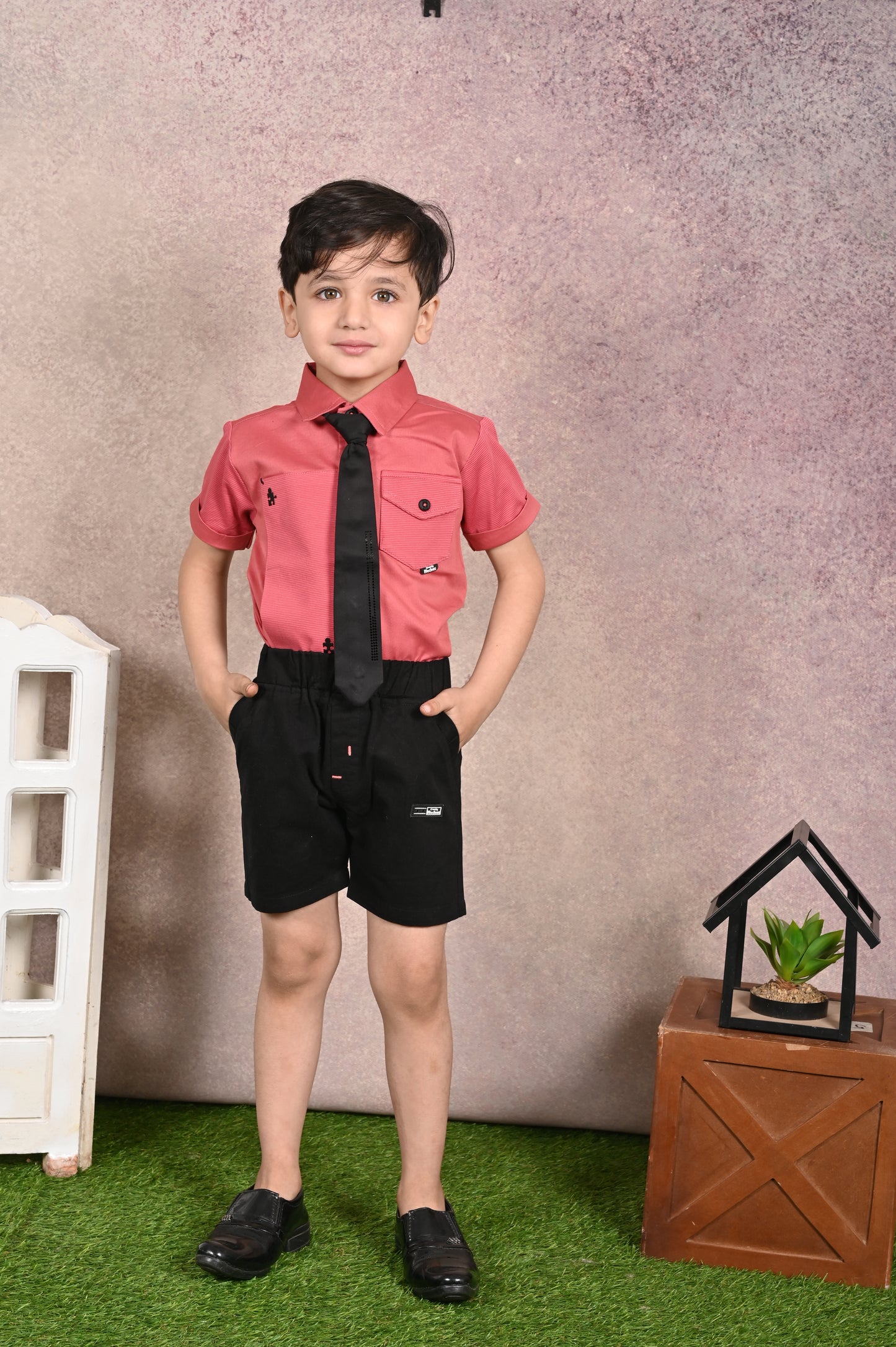 Shirt With Tie, Pocket & Embroidery Mix & Match Shirts & Pant Set
