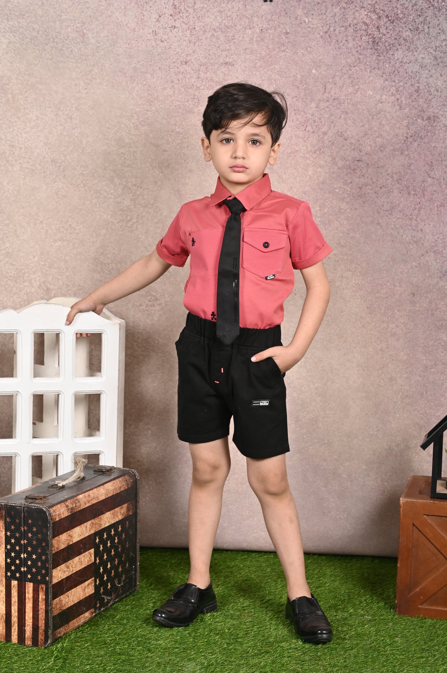 Shirt With Tie, Pocket & Embroidery Mix & Match Shirts & Pant Set