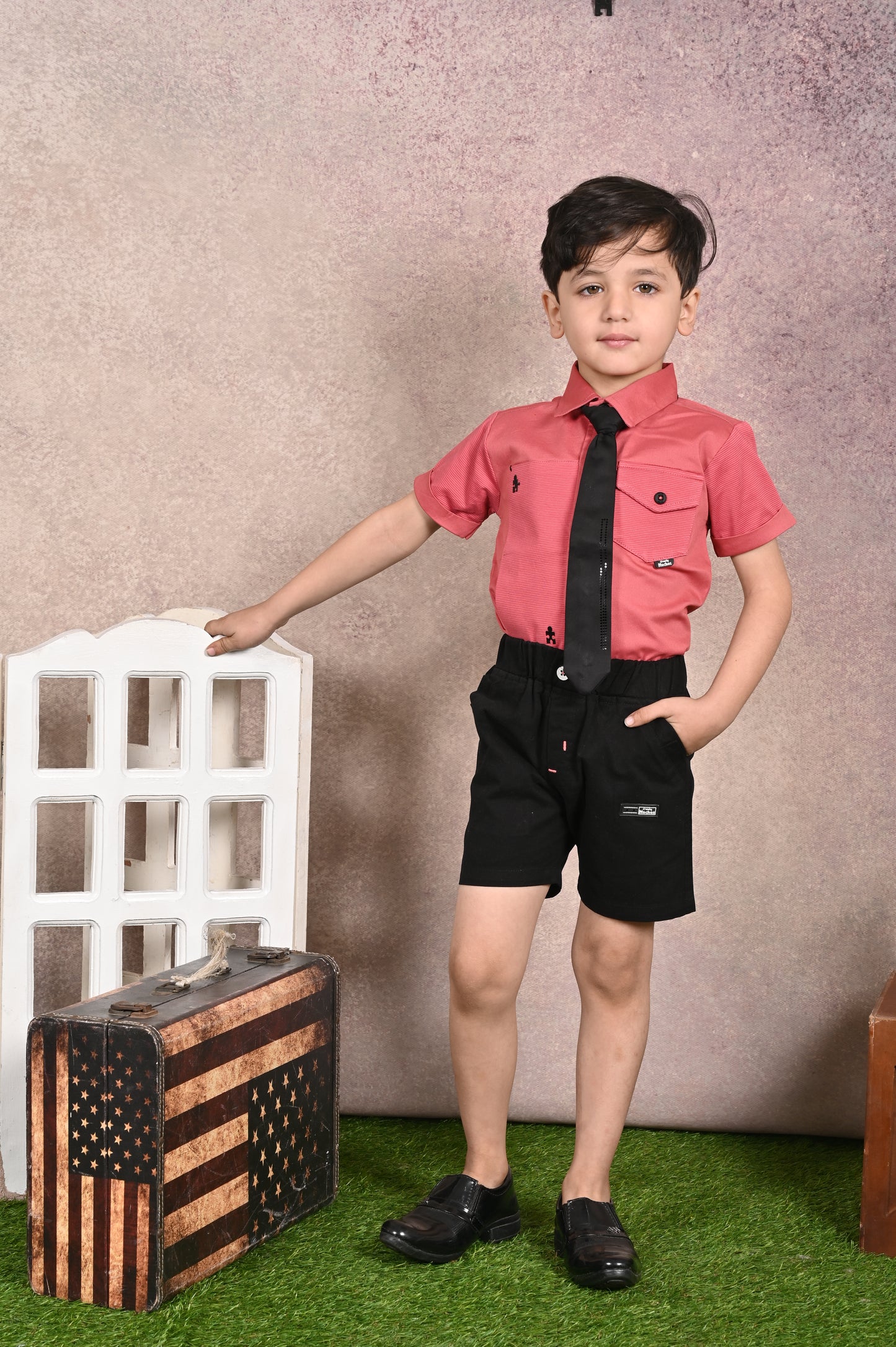 Shirt With Tie, Pocket & Embroidery Mix & Match Shirts & Pant Set