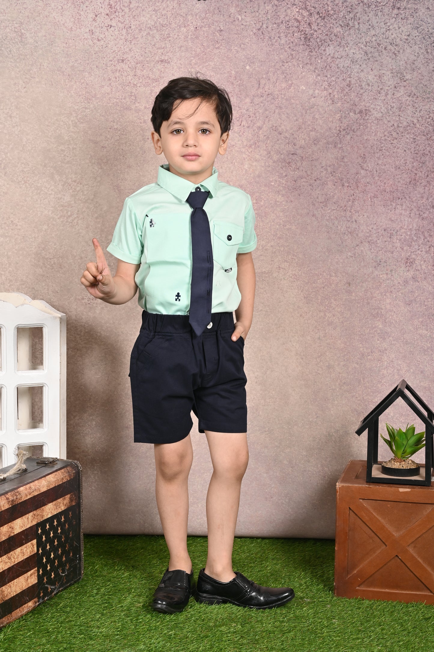Shirt With Tie, Pocket & Embroidery Mix & Match Shirts & Pant Set