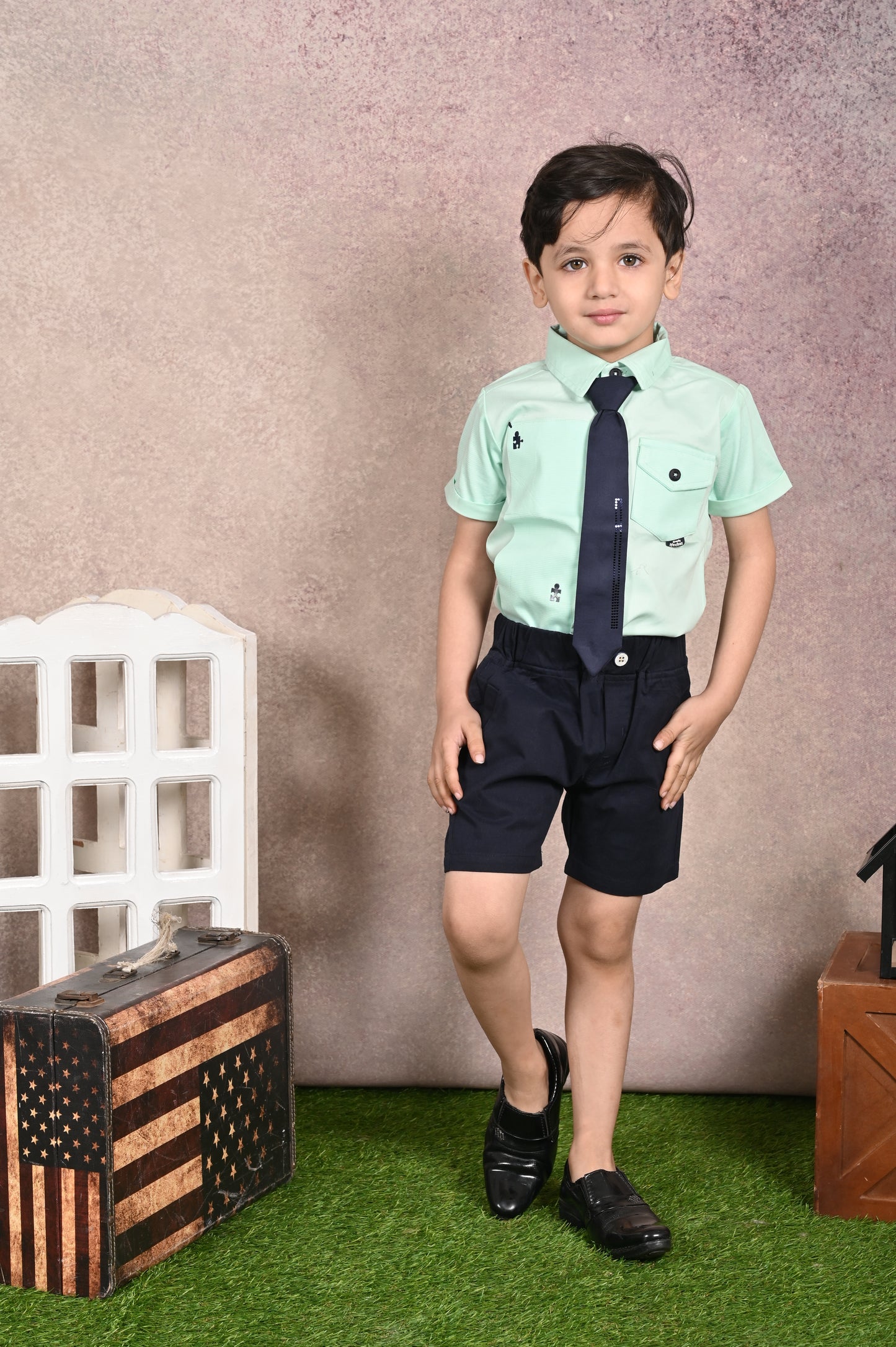 Shirt With Tie, Pocket & Embroidery Mix & Match Shirts & Pant Set
