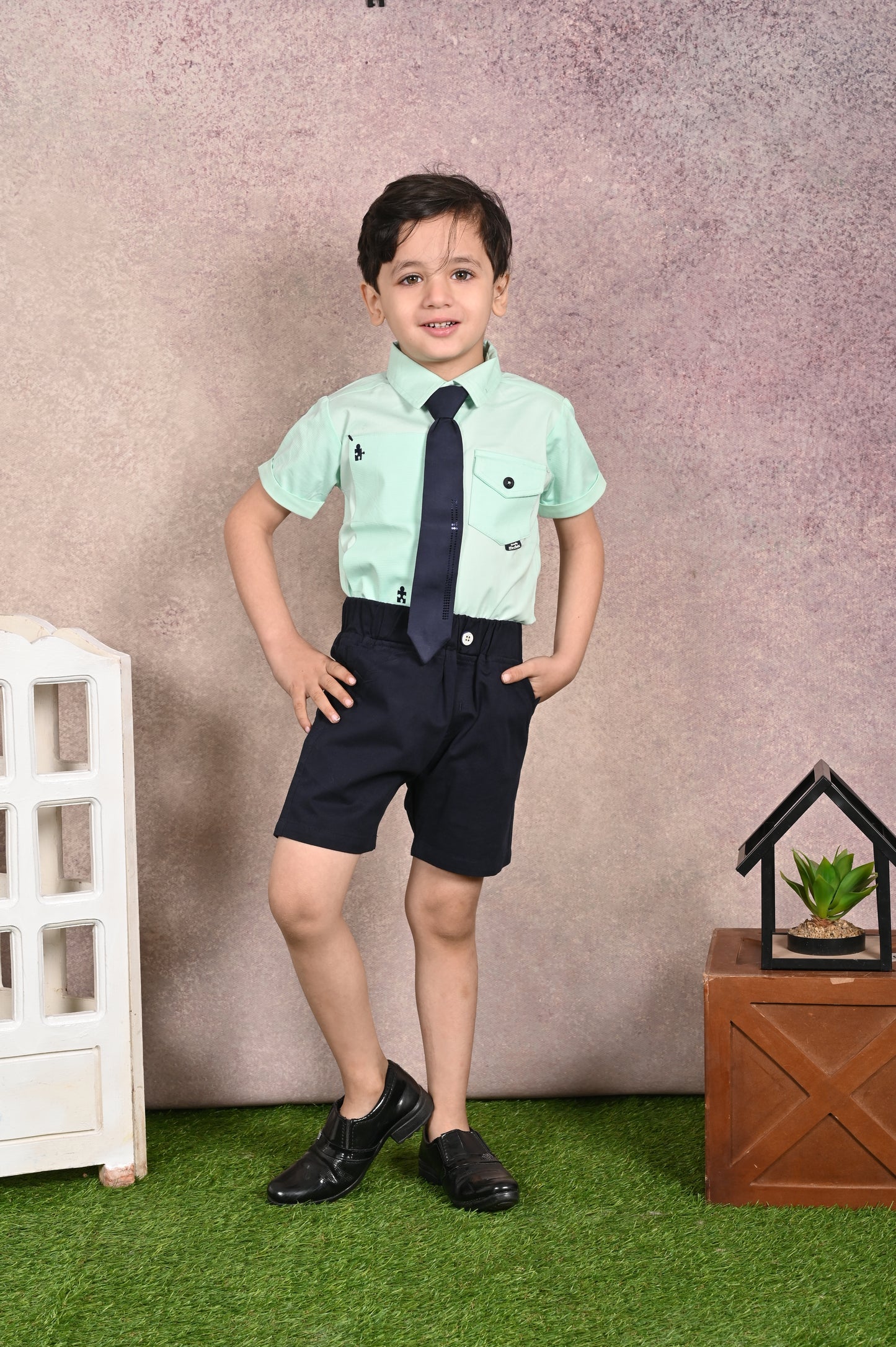 Shirt With Tie, Pocket & Embroidery Mix & Match Shirts & Pant Set