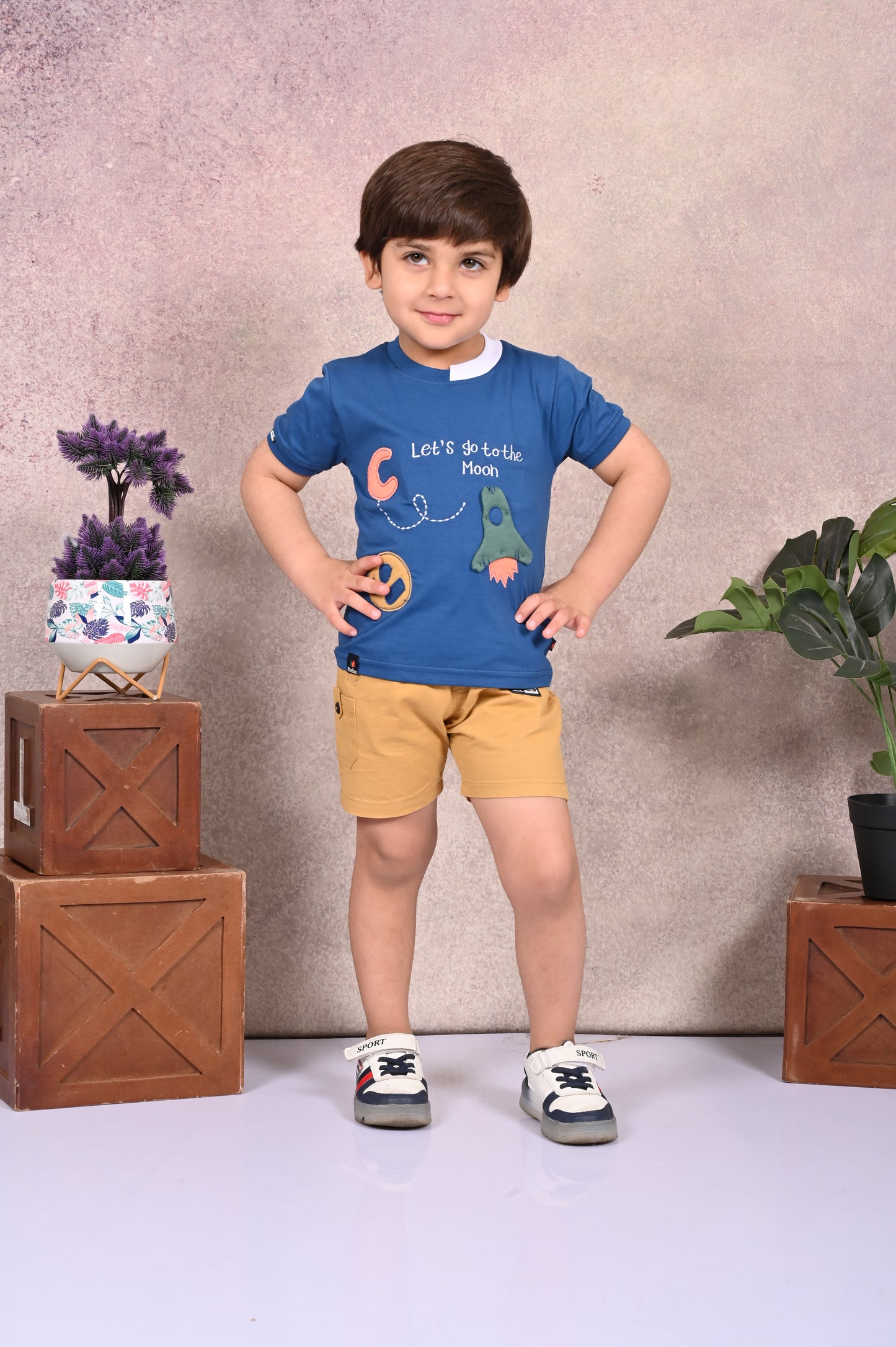 Let's Go to the Moon' Print Round Neck T-Shirt & Shorts Sets