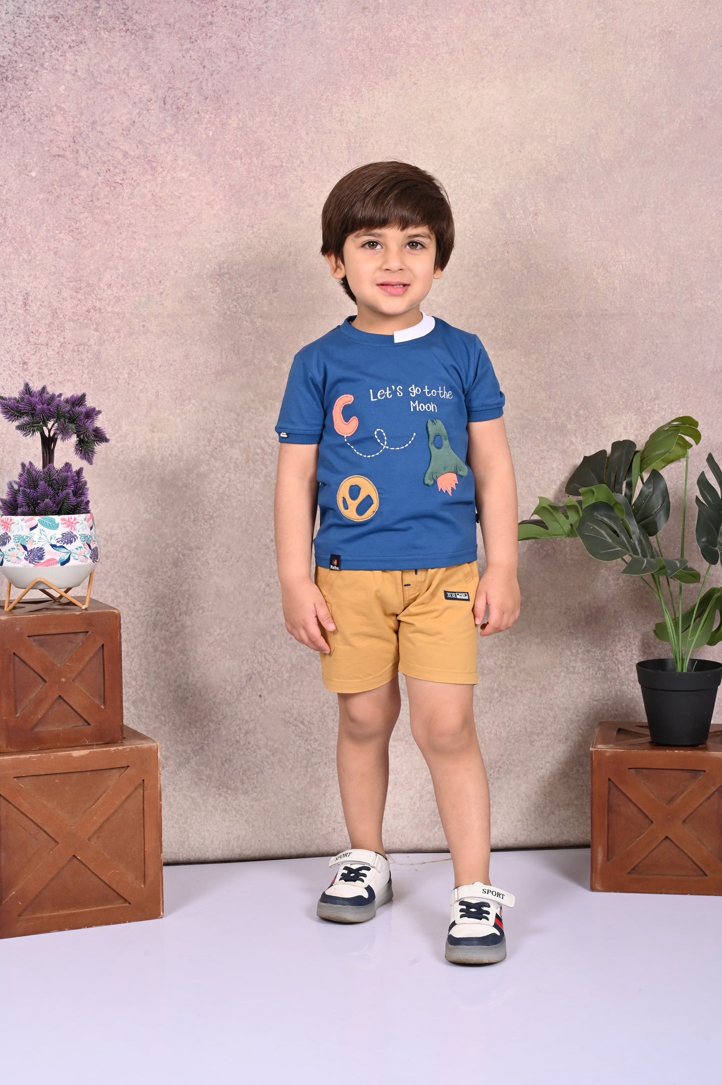 Let's Go to the Moon' Print Round Neck T-Shirt & Shorts Sets