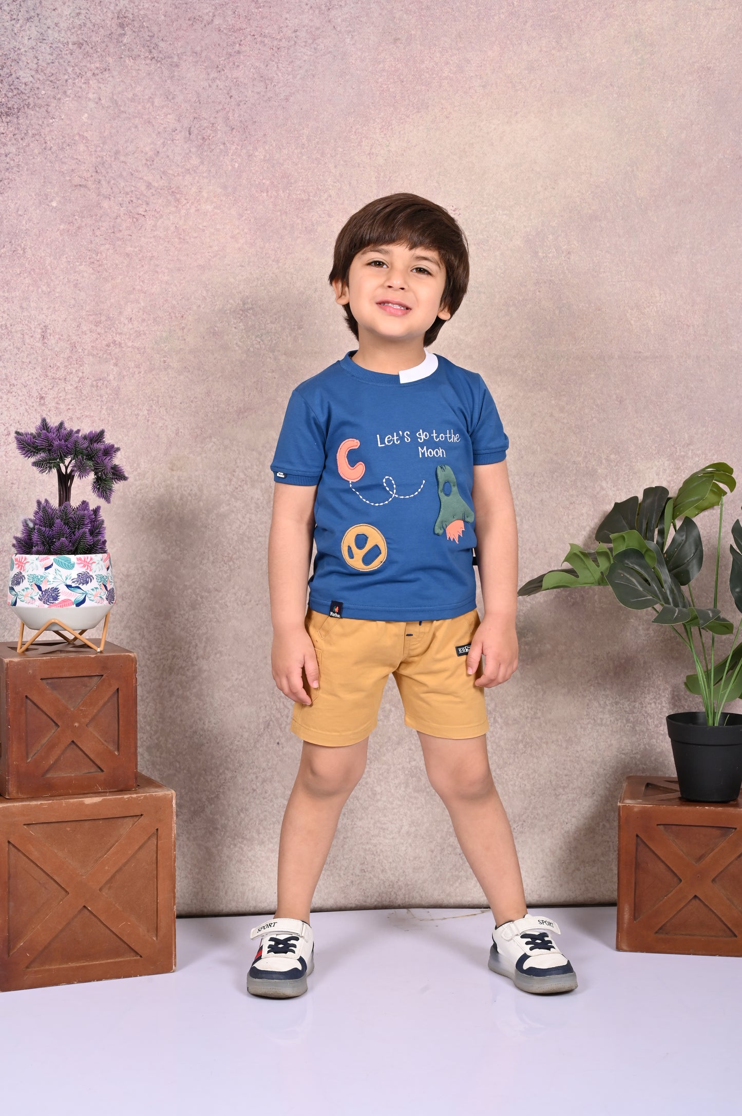 Let's Go to the Moon' Print Round Neck T-Shirt & Shorts Sets