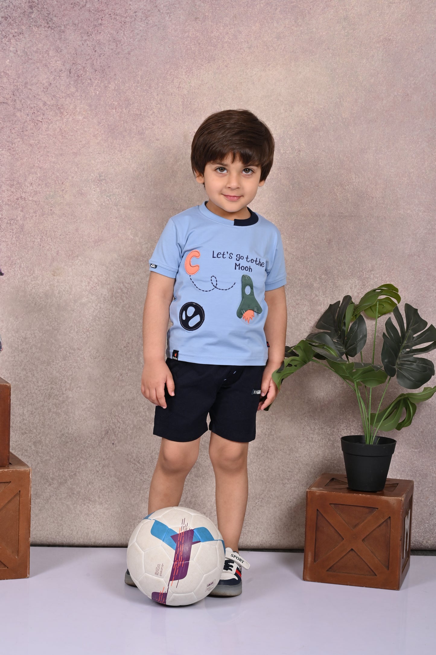 Let's Go to the Moon' Print Round Neck T-Shirt & Shorts Sets