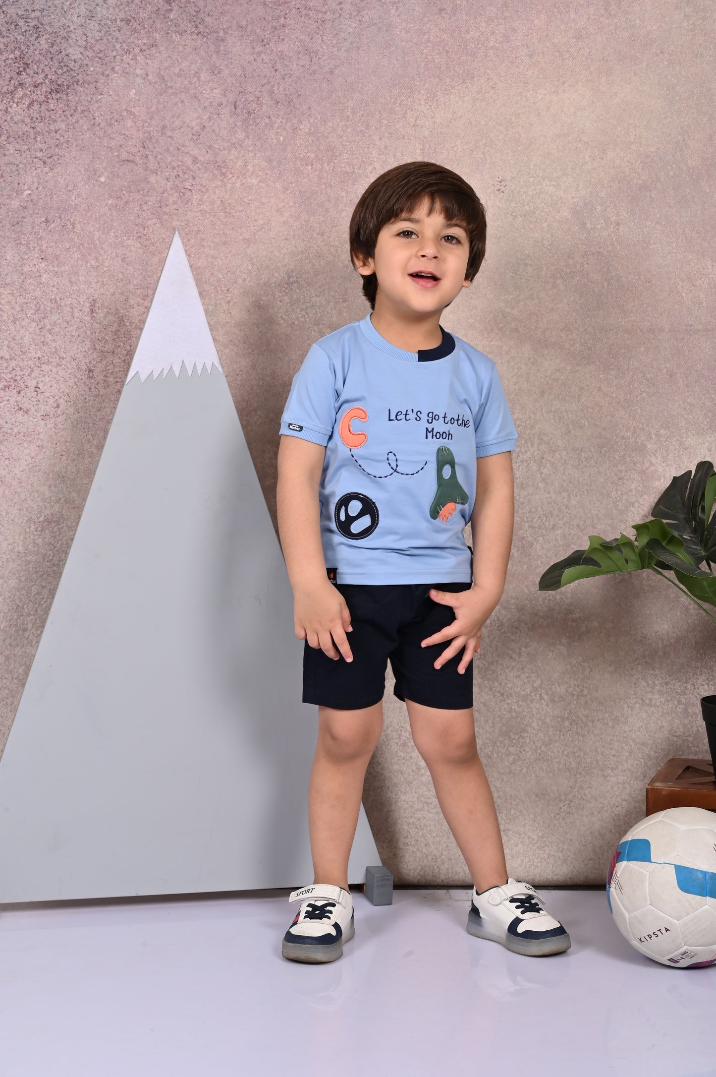 Let's Go to the Moon' Print Round Neck T-Shirt & Shorts Sets