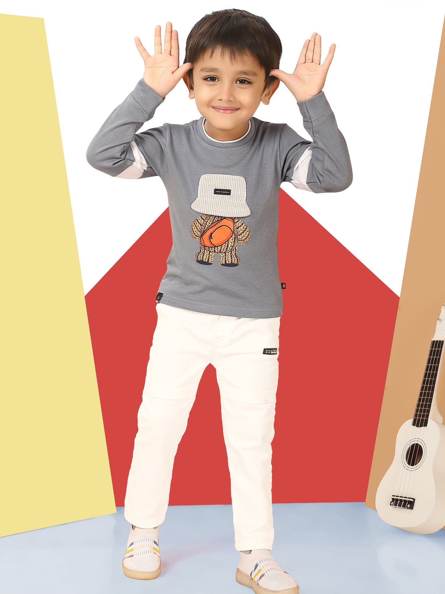 Decorated with Sticker Round Neck Full Top And Pant Set