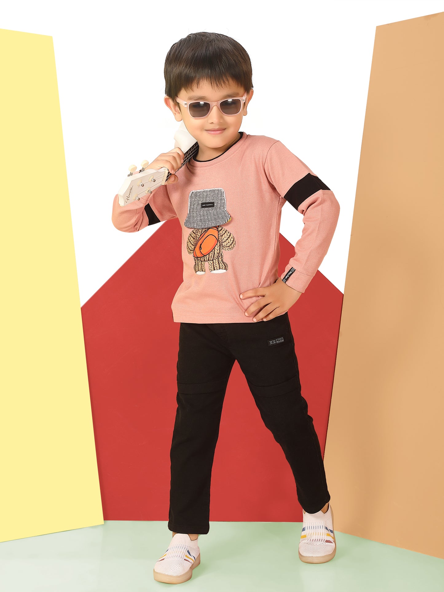 Decorated with Sticker Round Neck Full Top And Pant Set