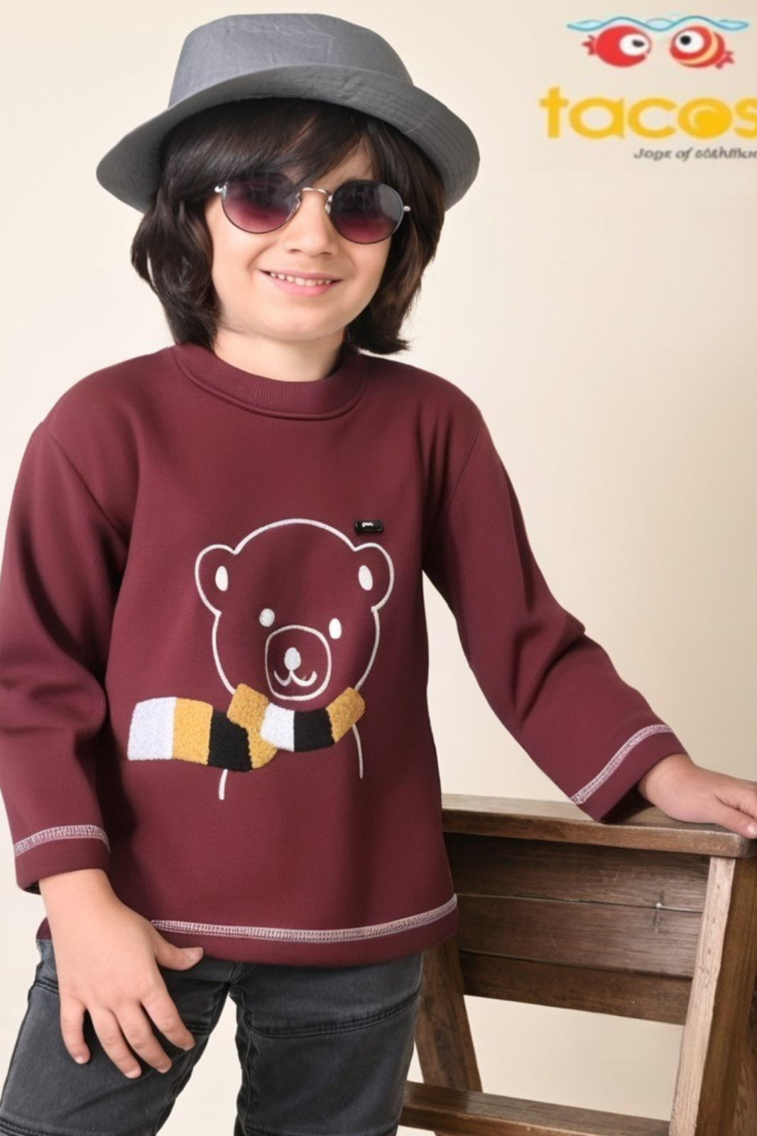 Wine Teddy Bear Crew Neck Long Sleeve T-Shirt