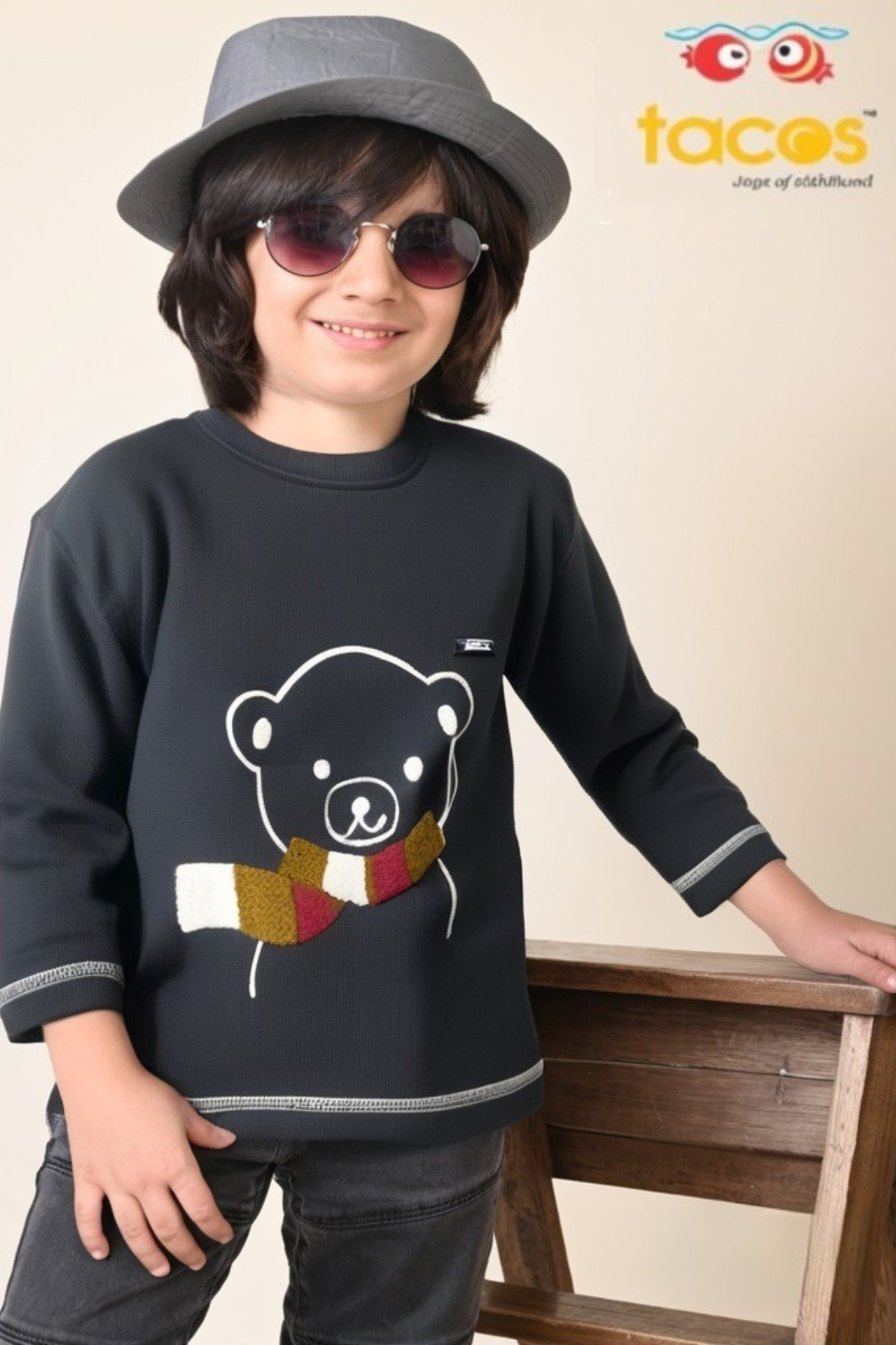 Navy Blue Teddy Bear Crew Neck Long Sleeve T-Shirt