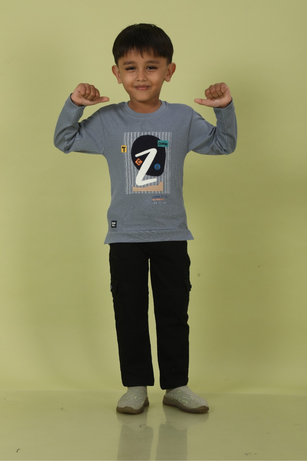 Stone Blue Velt & Applique Work Round Neck Full Sleeve T-Shirts