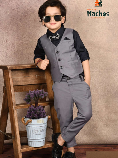 Patterned Party Wear Waist Coat With Full Shirt & Pant Set