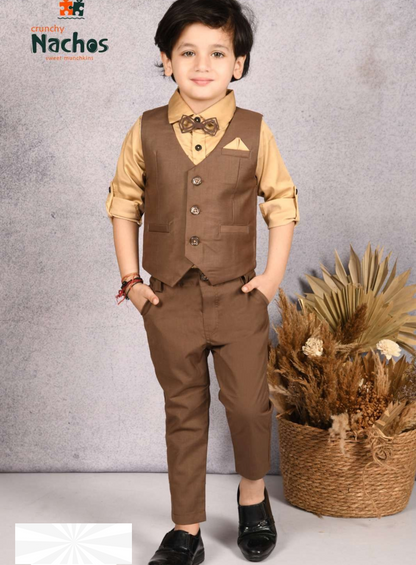 Patterned Party Wear Waist Coat With Full Shirt & Pant Set